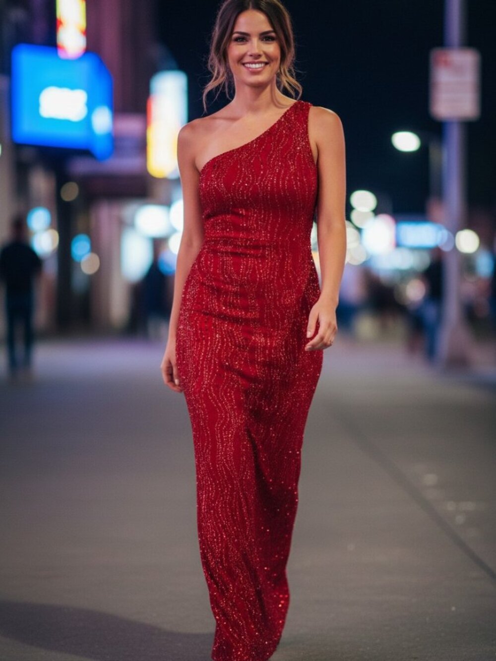 Morgan & Co. Red One-Shoulder Sequin Formal Gown with Back Slit Size M